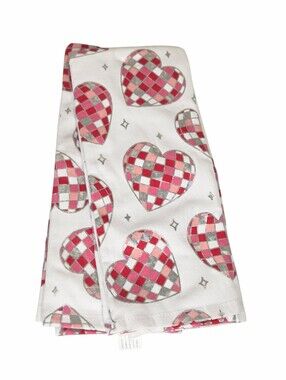 Nicole Miller Pink Silver Heart Shaped Disco Ball Kitchen Hand Towels Valentine